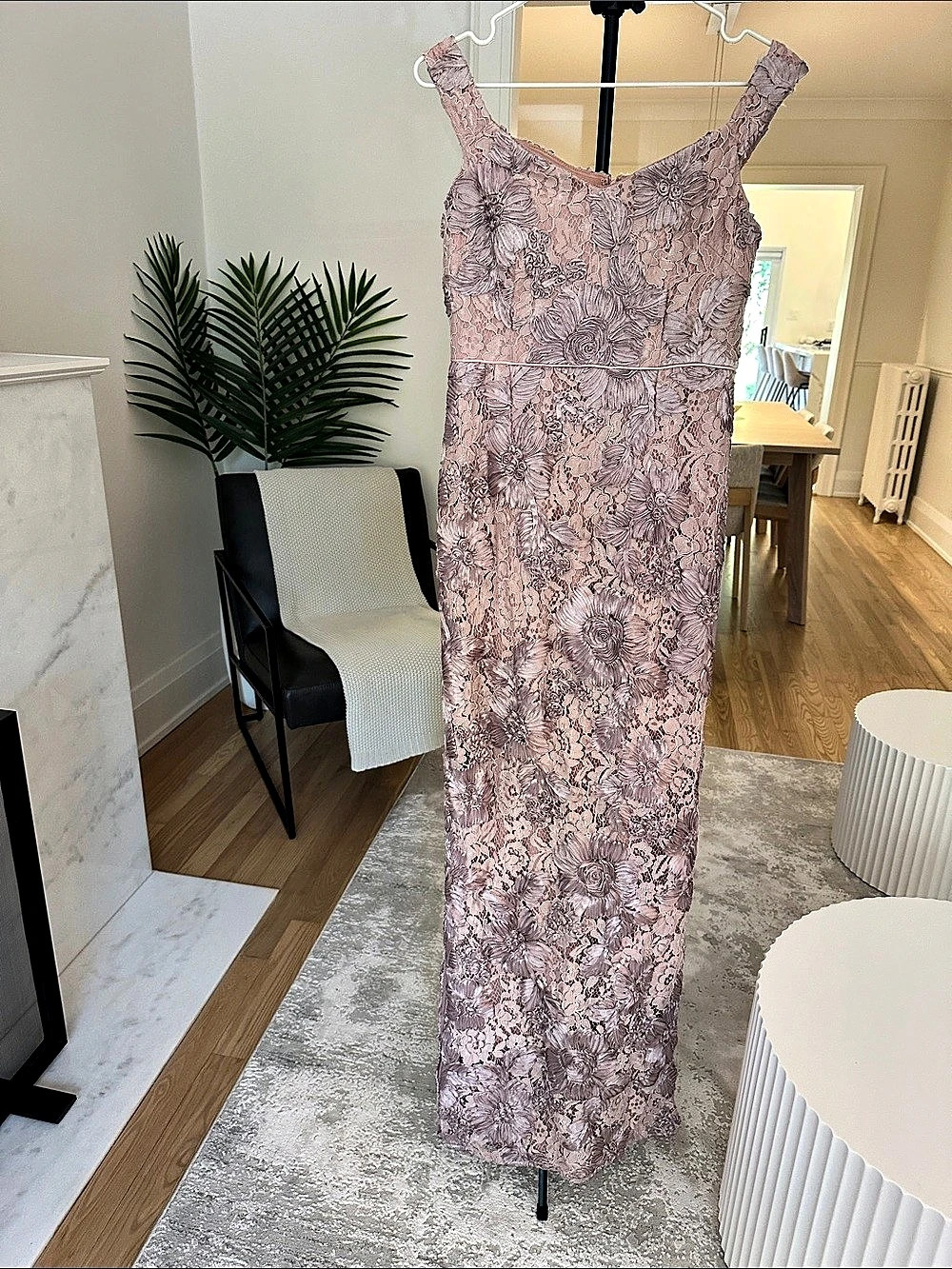 Aidan Mattox (Saks Fifth Avenue) Floral Embroidered Off Shoulder Column Gown Iri